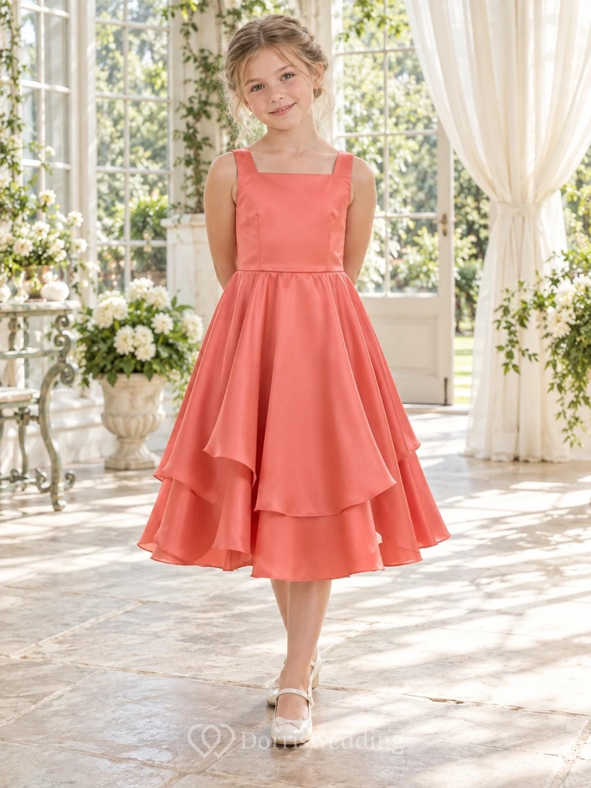 Square Neck Tea-length Coral Sleeveless Layered Satin A-line Flower Girl Dress