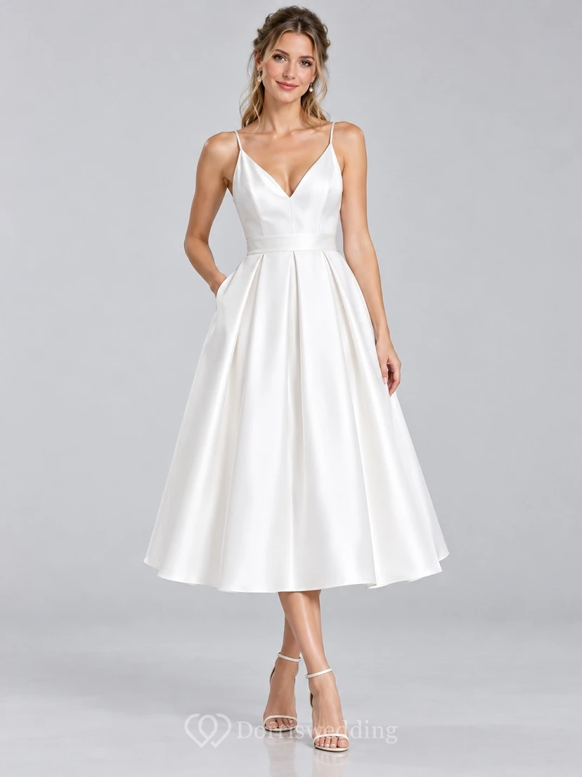 Tea-length Simple V Neck Satin Strappy Pocket Bow Bridal Dress