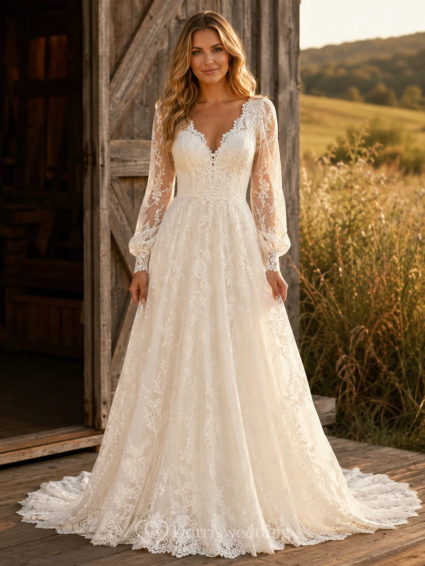 Robe de mariée champêtre en dentelle, coupe trapèze, col en V, manches longues, traîne chapelle