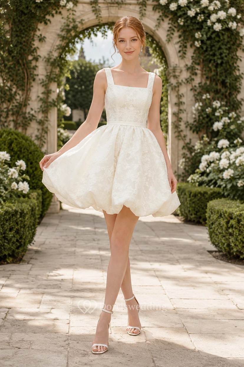 Robe de réception de mariage courte en dentelle à col carré