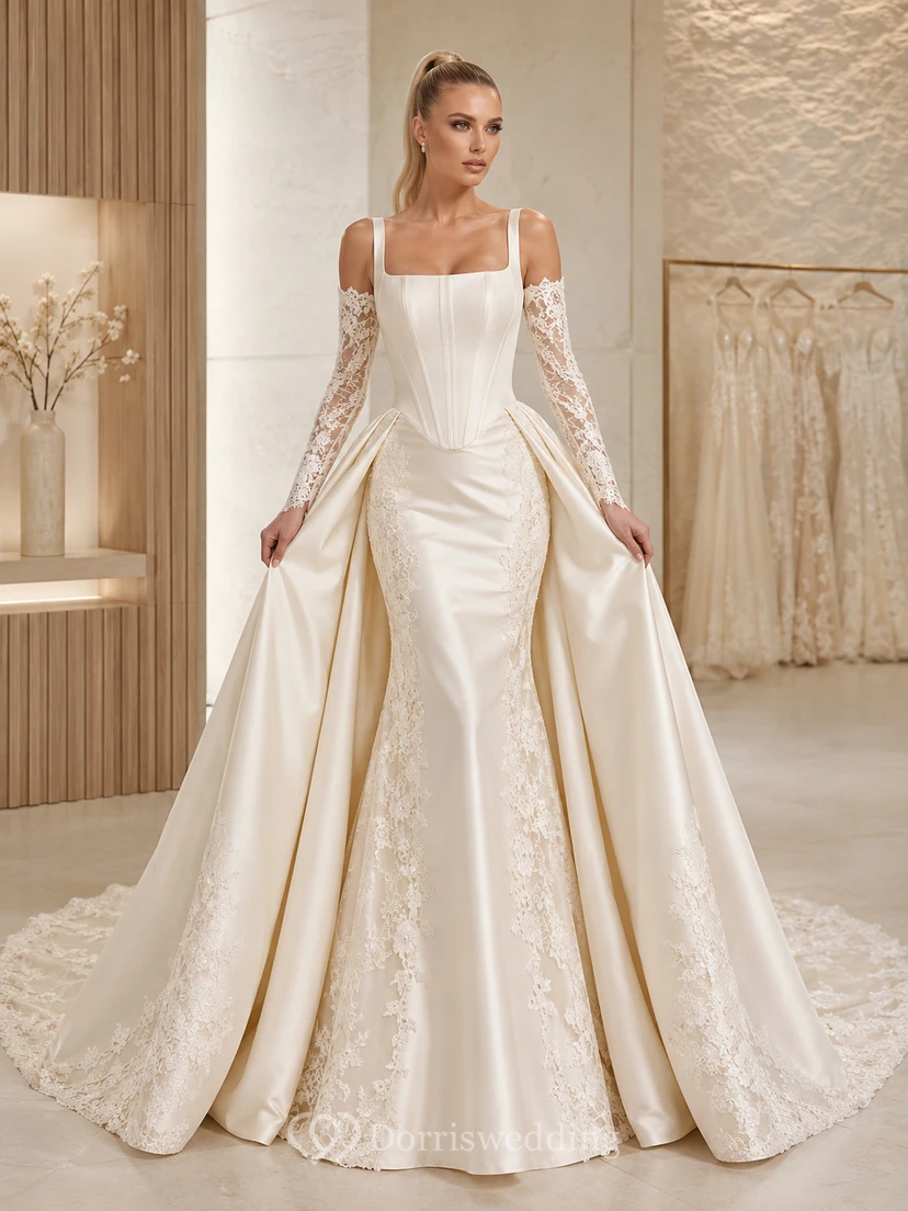 Robe de mariée sirène en satin à col carré et manches en dentelle, jupe amovible, de luxe