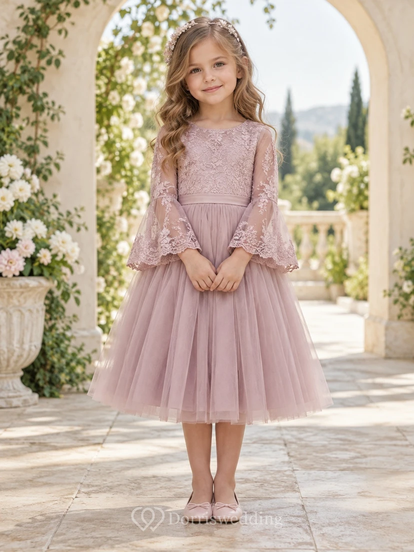 Tea-length Mauve Jewel Neck Bell Sleeve Lace Bodice Tulle Flower Girl Dress