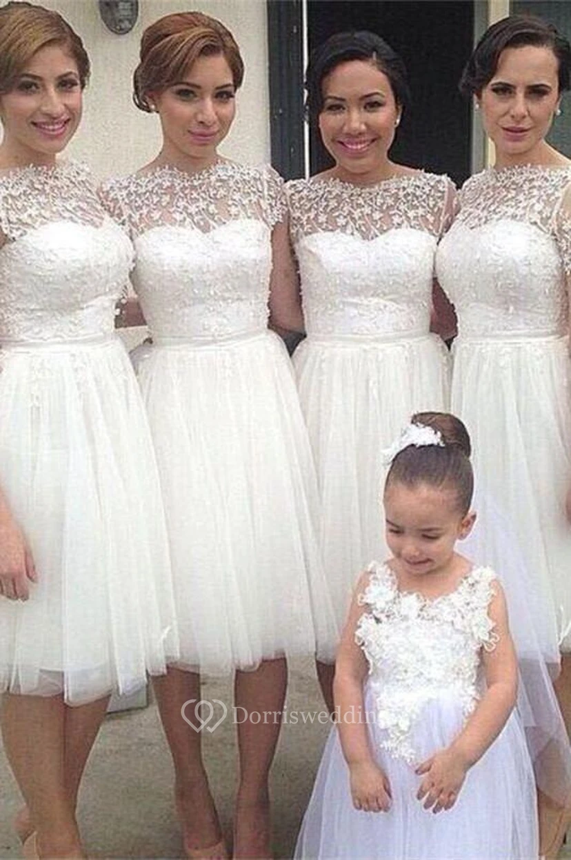 Romantic White Tulle Lace Champagne Bridesmaid Dress Short Sleeve