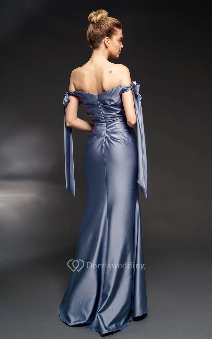 Off-the-shoulder Sweetheart Sheath Front Split Dress with Bows view 2