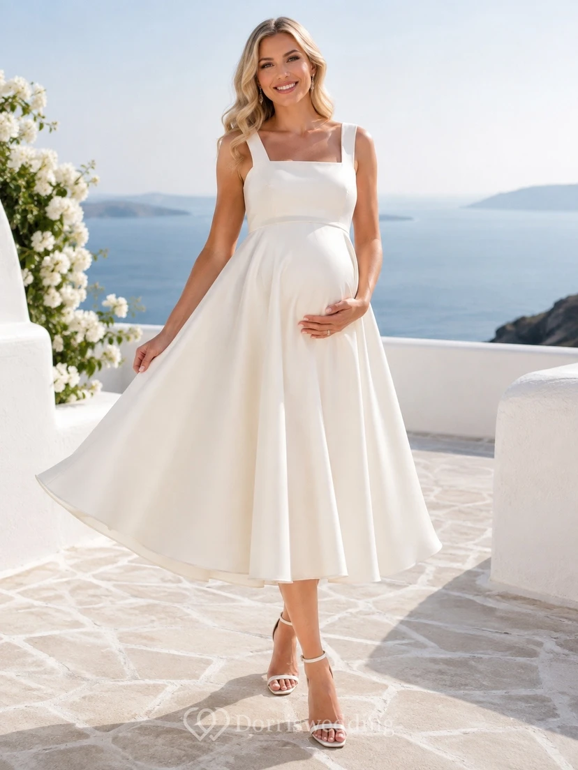 Vestido de novia premamá de satén sin mangas, corte en A, largo midi, con tirantes y escote cuadrado
