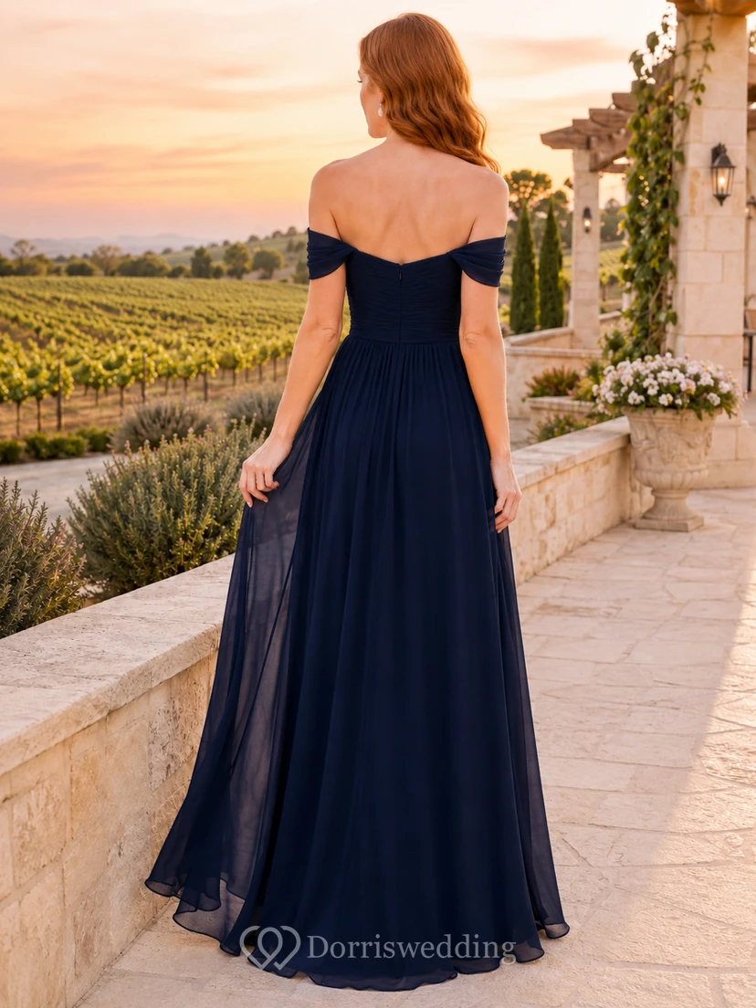 Dark Navy Evening Vineyard Wedding Guest Bridesmaid Evening Formal Dress A-Line Floor-Length Off-Shoulder Sweetheart Neck Sleeveless Chiffon Zipper Back view 2