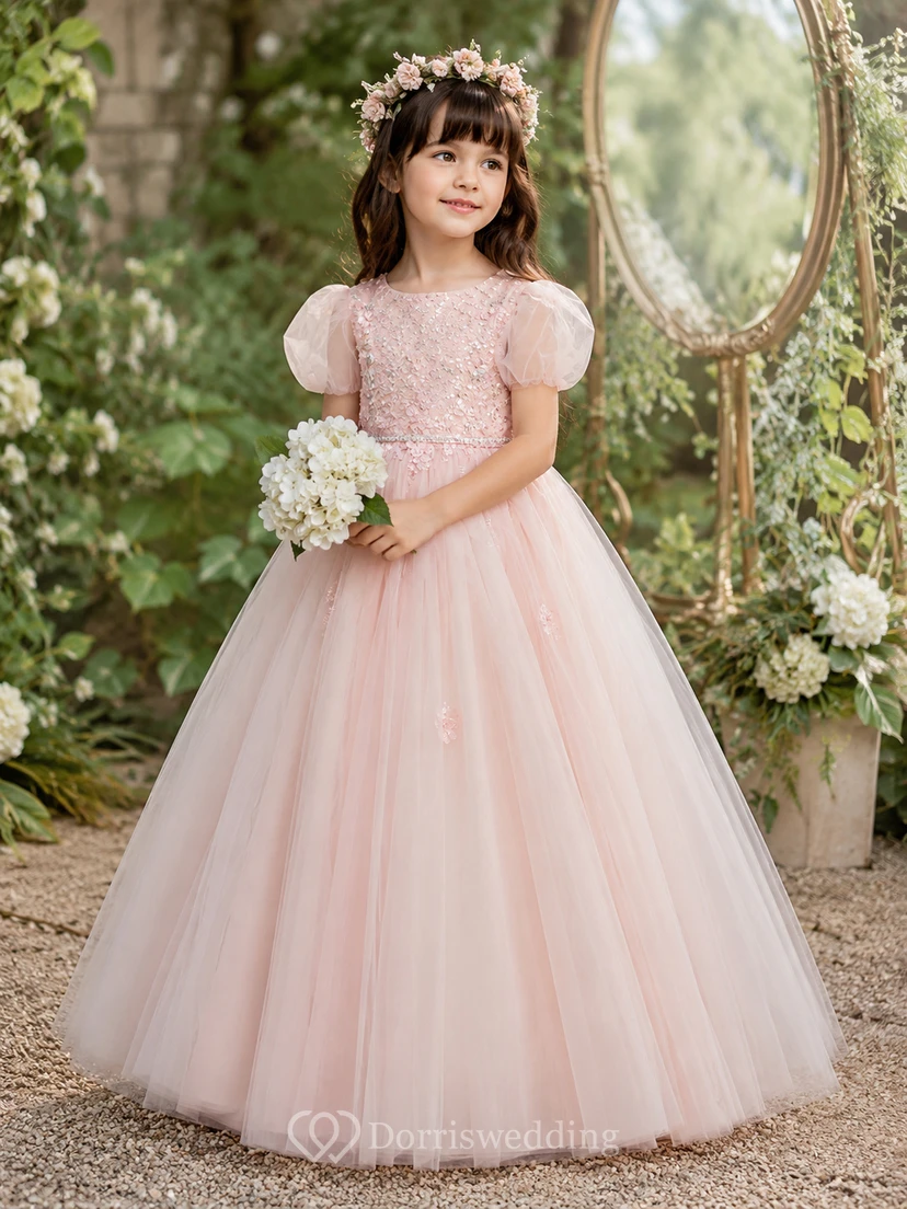 Flower Girl Dress Blush Tulle A-Line Jewel Neck Tea Length Bow Back
