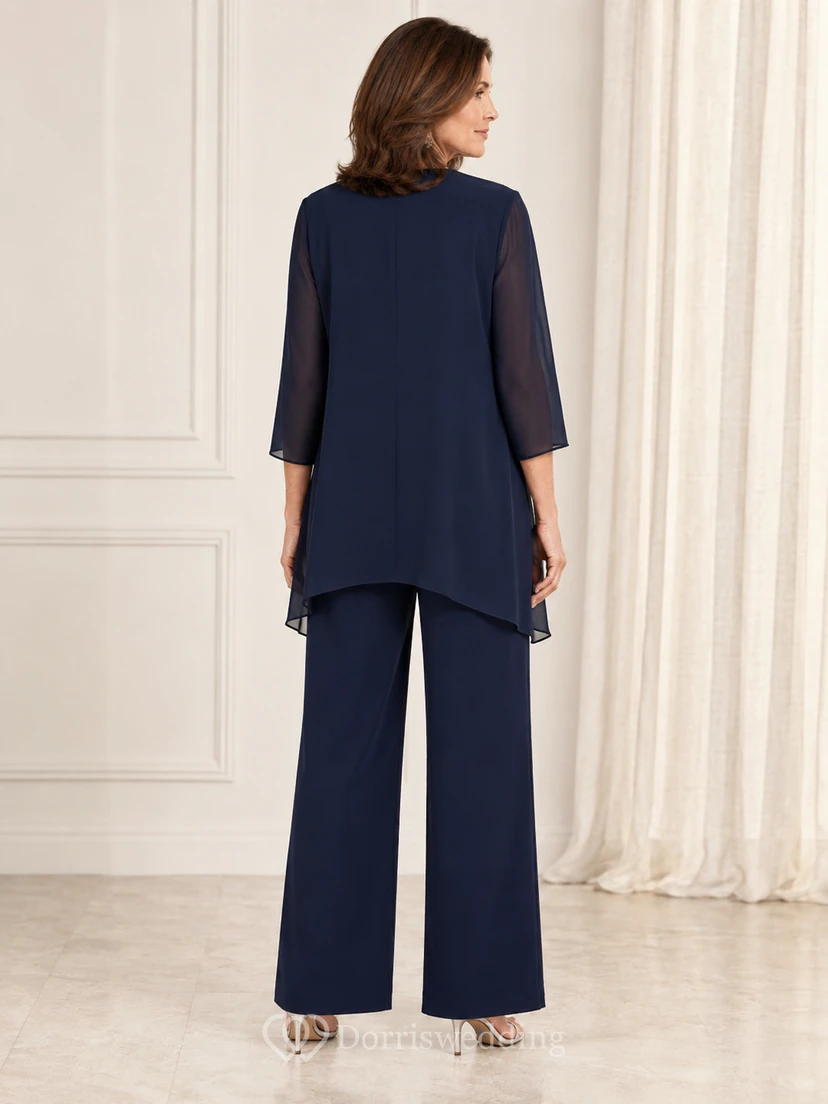 Conjunto de pantalón azul marino oscuro para madre, con chaqueta de gasa de manga transparente y pantalón de pierna ancha. view 2