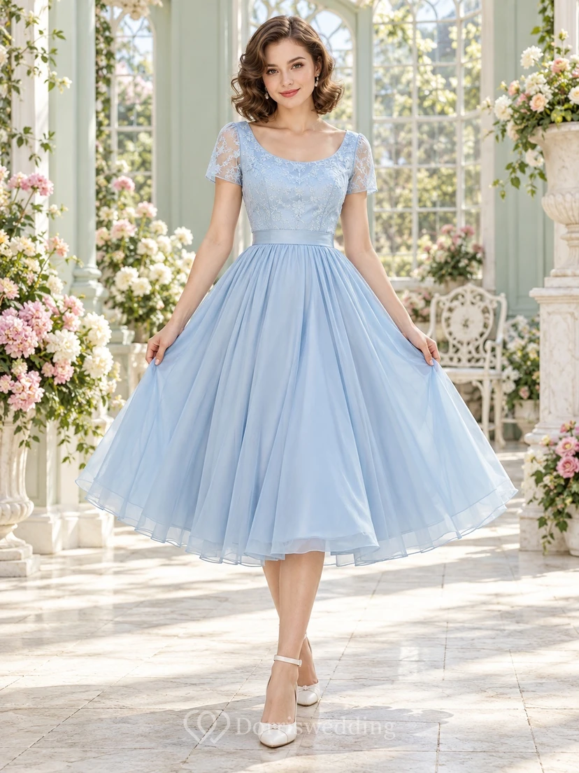 1960s Sky Blue Scoop Neck Lace Sleeve Tulle Prom Dress