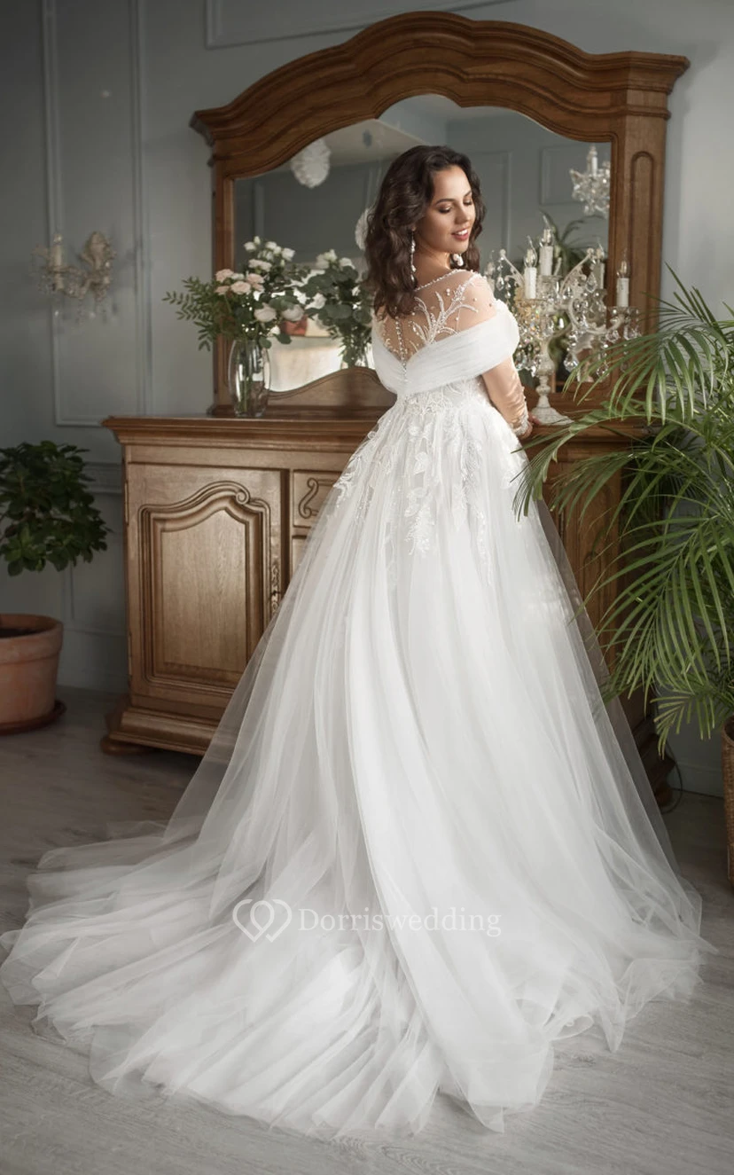 Robe de mariée vintage sexy grande taille en tulle fendu sur le devant, coupe trapèze, dentelle illusion, manches longues, manches longues view 2