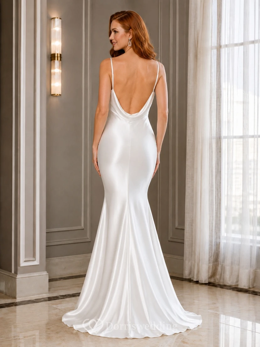 White Cowl Satin Mermaid Floor-Length Sweep Train Sleeveless Sexy Evening Gown view 2