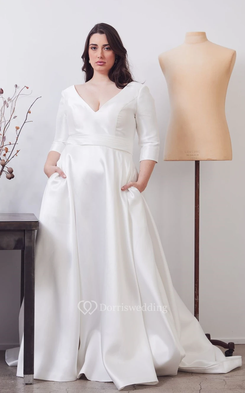 Modernes Brautkleid aus Satin in Übergröße mit V-Ausschnitt, A-Linie und Taschen