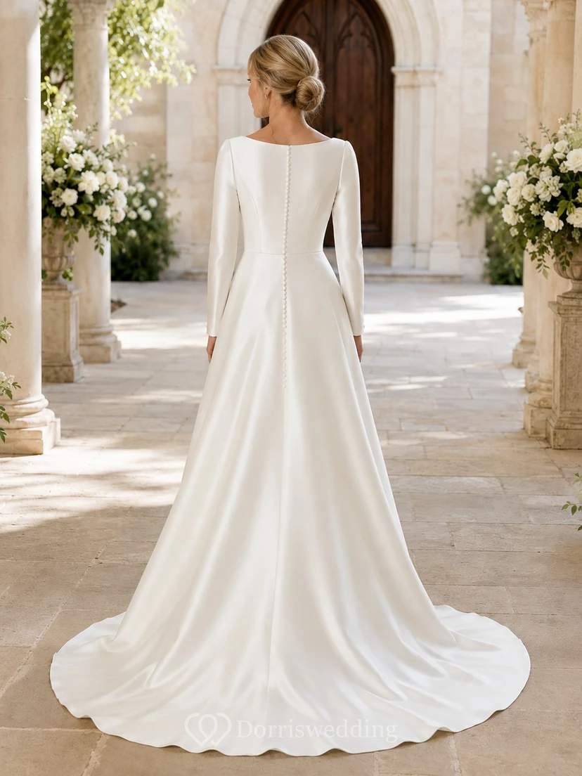 Schlichtes Satin-Brautkleid mit U-Boot-Ausschnitt und langen Ärmeln view 2