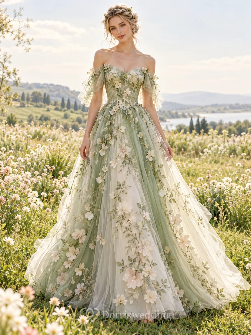 Robe longue de soirée en tulle à épaules dénudées et appliqué floral Fairy Sage