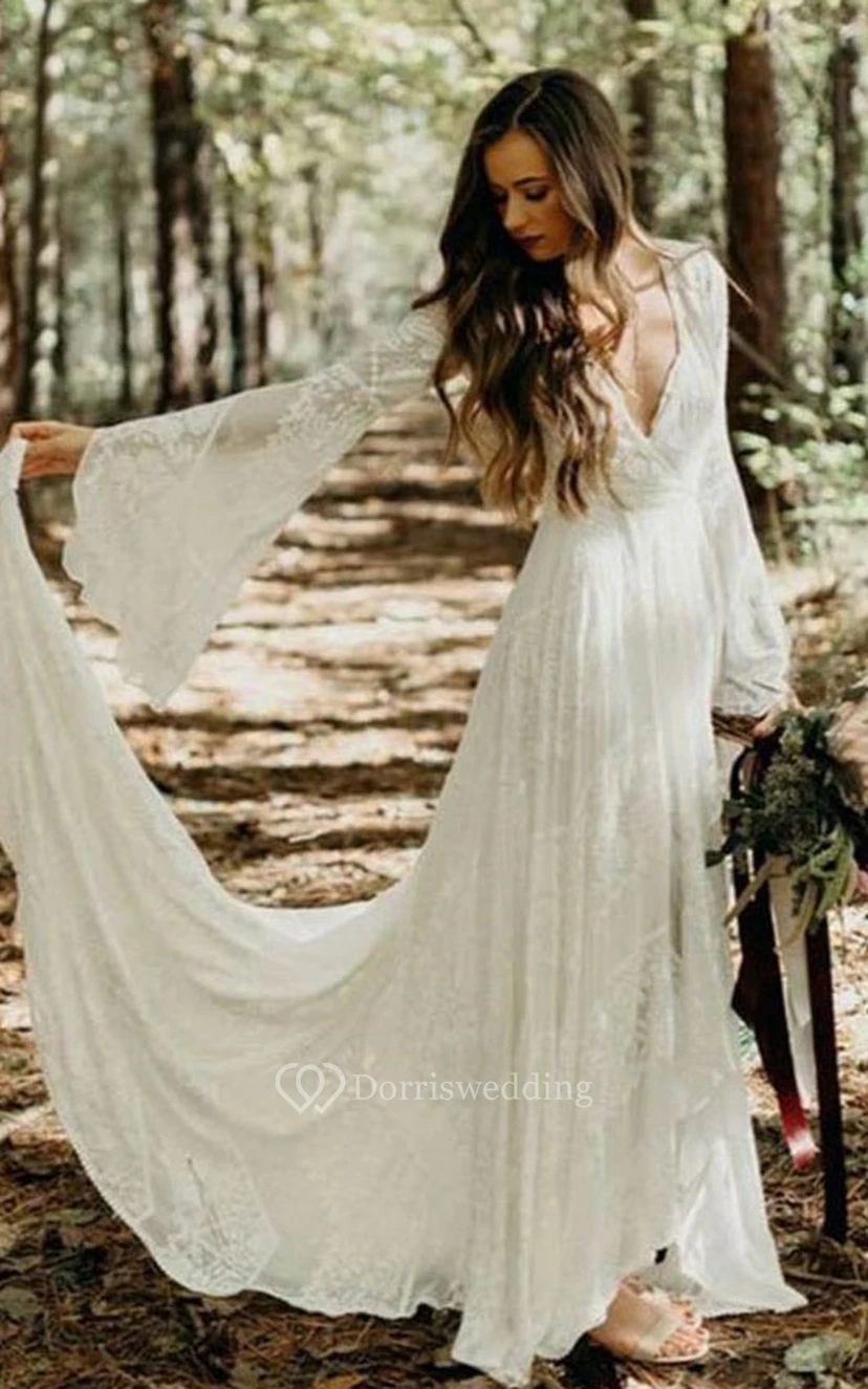 Bohemian Bell Loneg-sleeve Boho Wedding Dress | Vintage Lace Hippie Casual Bridal Gown with Sleeeves video preview