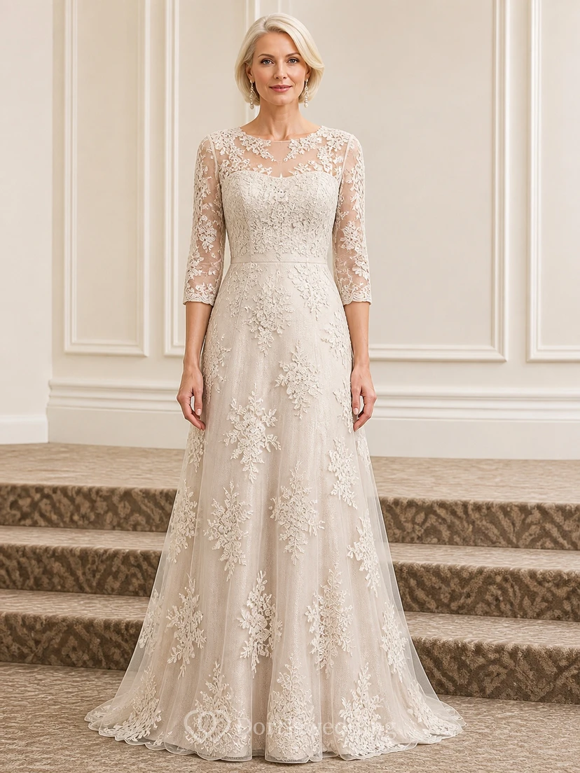 Robe de mère de la mariée élégante et sobre, coupe trapèze, en dentelle, longueur au sol, manches trois-quarts, col bateau, manches trois-quarts, idéale pour les mariées plus âgées.