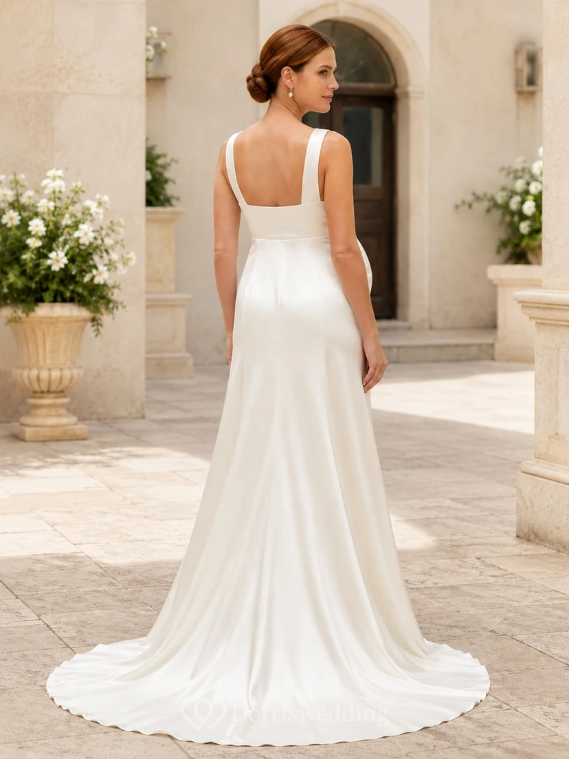 Brautkleid, quadratisch, ärmellos, aus Satin, bodenlang, drapiert, Umstandskleid view 2