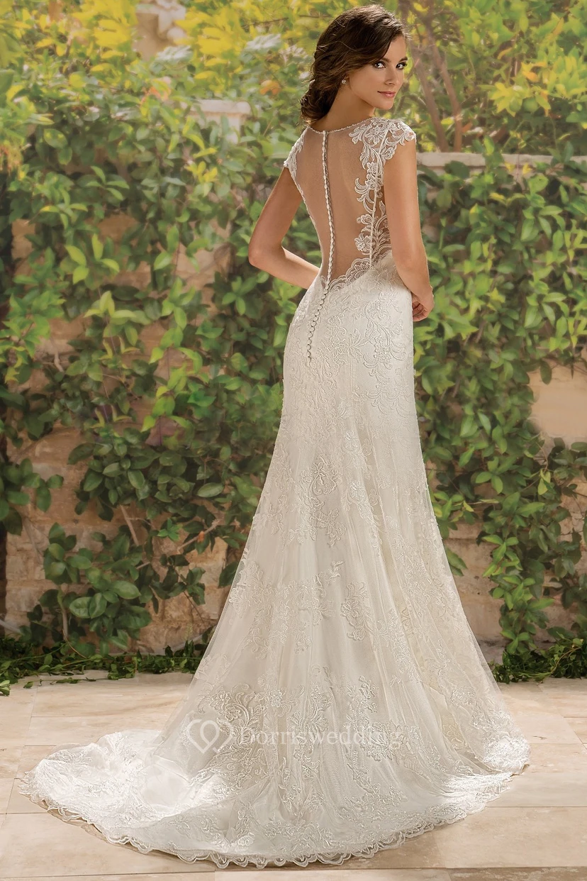 V-Neck Cap-Sleeved Lace-Appliqued Wedding Dress With Illusion Back view 2
