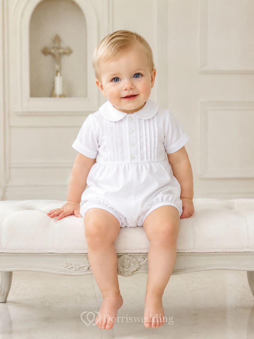 White Pintuck Peter Pan Collar Short Sleeve Christening Bubble Romper for Baby Boy