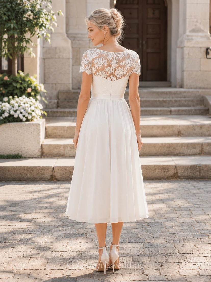 Robe Firmung ivoire en mousseline de soie à manches courtes et dentelle bateau, coupe trapèze, longueur thé, style modeste view 2