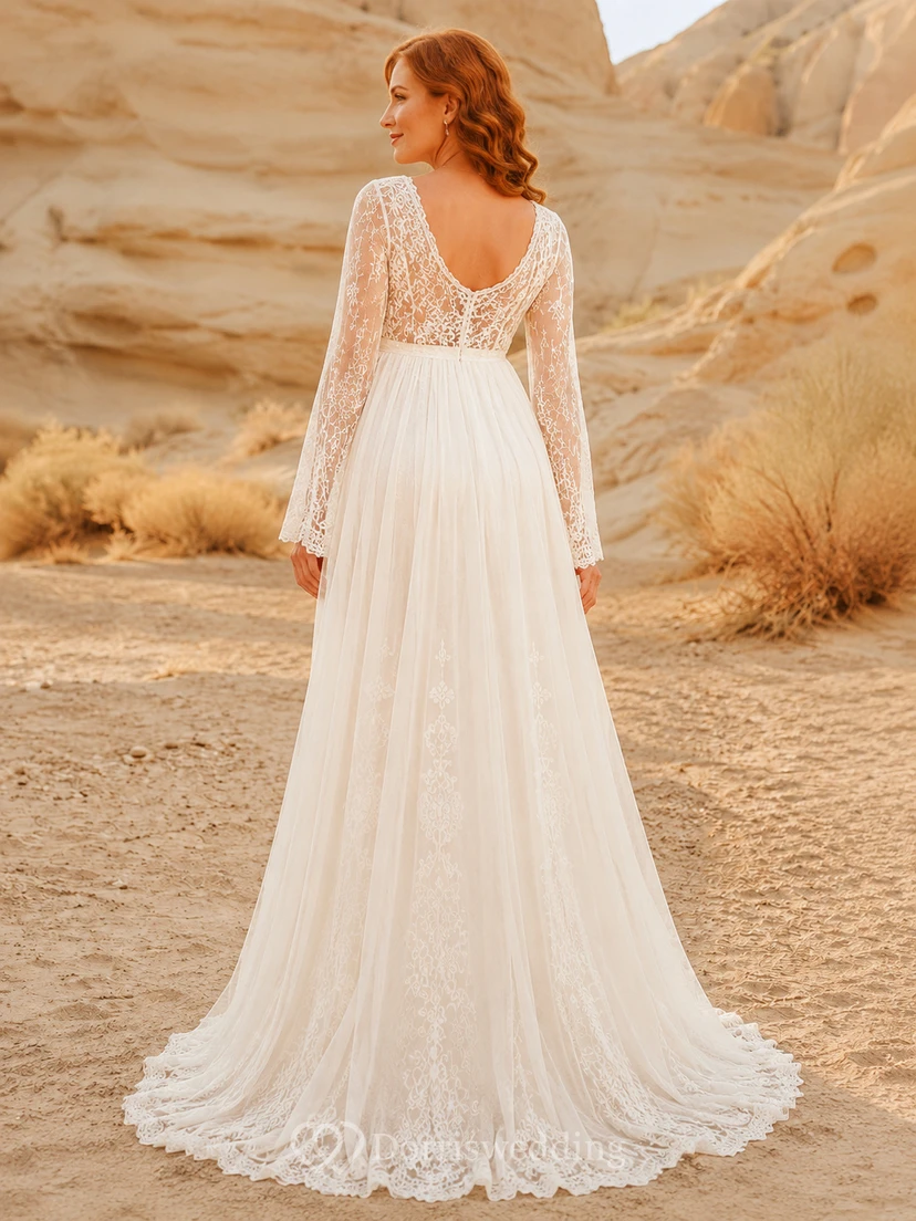 Robe de mariée romantique en mousseline de soie à col en V, manches longues en dentelle et coupe trapèze, dos nu, pour maternité view 2