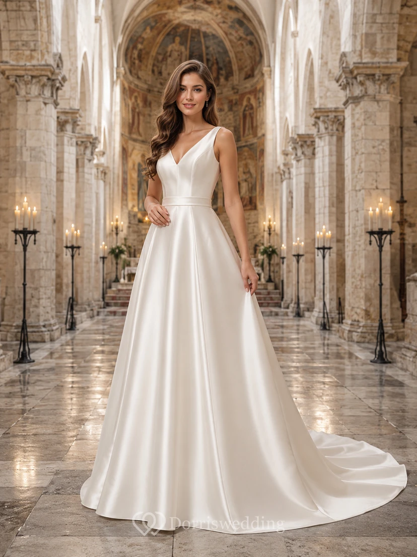 V Neck Satin A Line Chapel Train Classic Wedding Dress