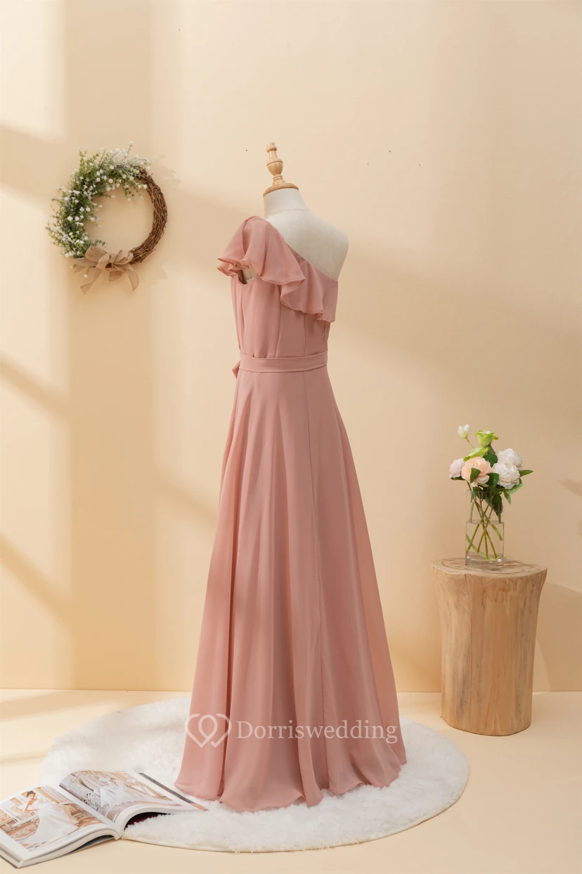 One-shoulder Asymmetrical Chiffon Pleated Floor-length Flowergirl Dress view 5