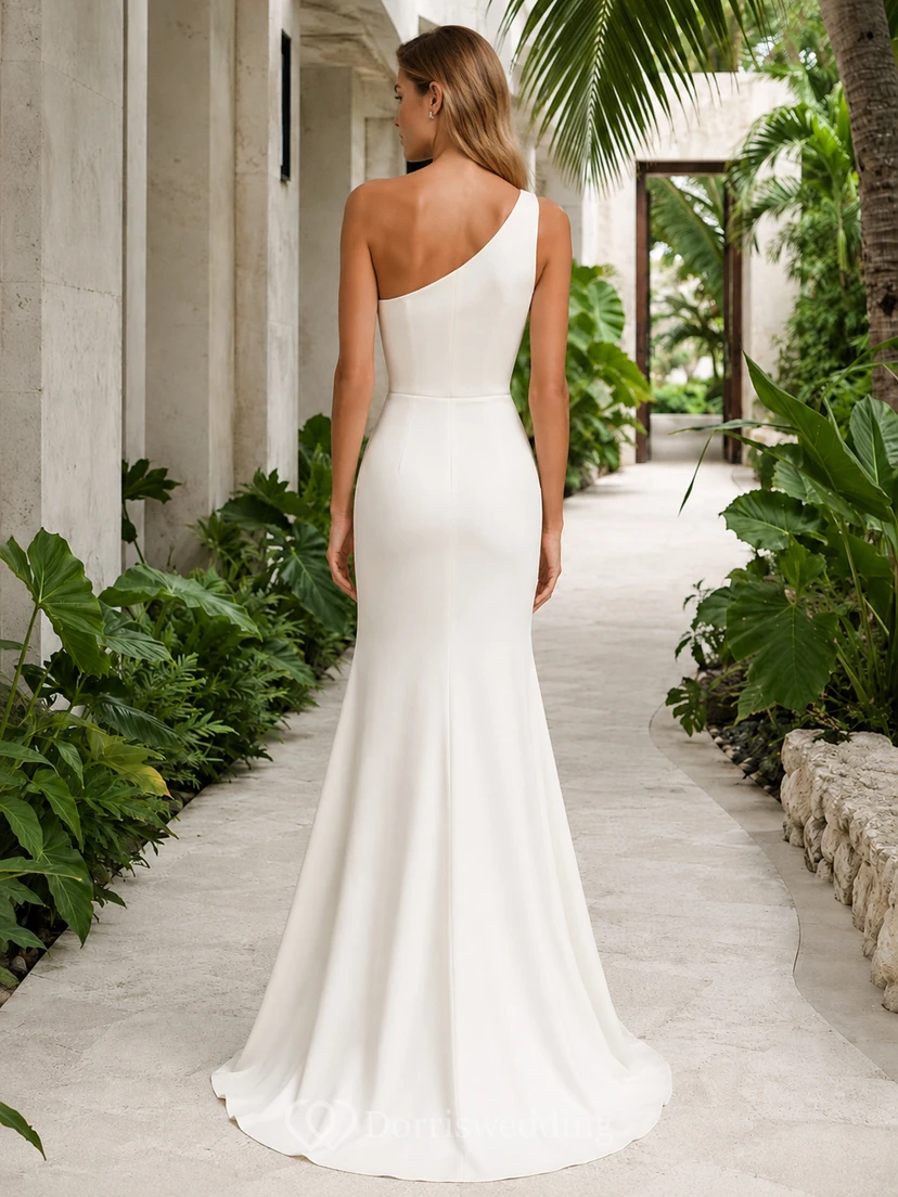 One Shoulder Minimalist Tropical Island Mermaid Elopement Gown view 2