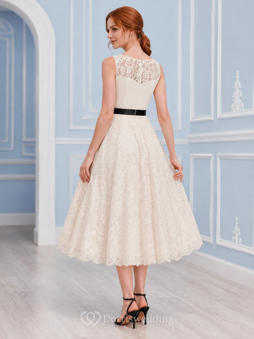 Ivory Lace Tea-Length Homecoming Dress with High Neck Short Cap Sleeves Black Ribbon Waist and Scalloped A-Line Hem view 2
