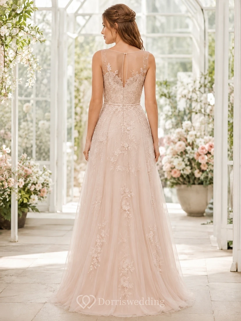 Petal Pink Sleeveless V-Neck Floor-Length Lace A-Line Bridesmaid Dress view 2