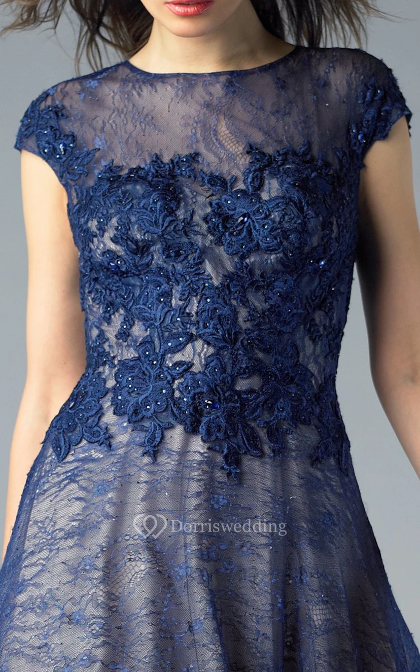 A-line Floor-length High Neck Short Sleeve Lace Illusion Dress view 3