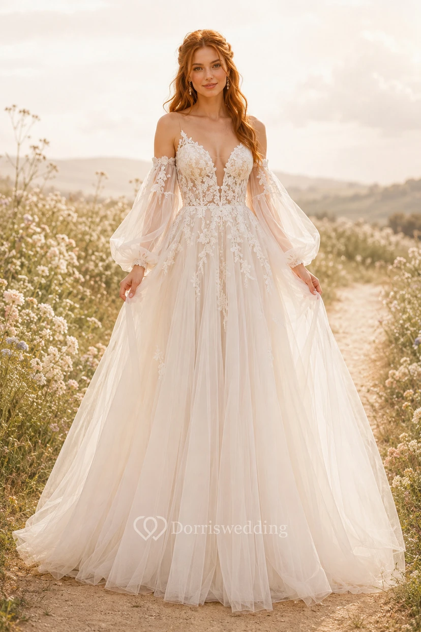 Robe de mariée en tulle trapèze à épaules dénudées et corsage en dentelle