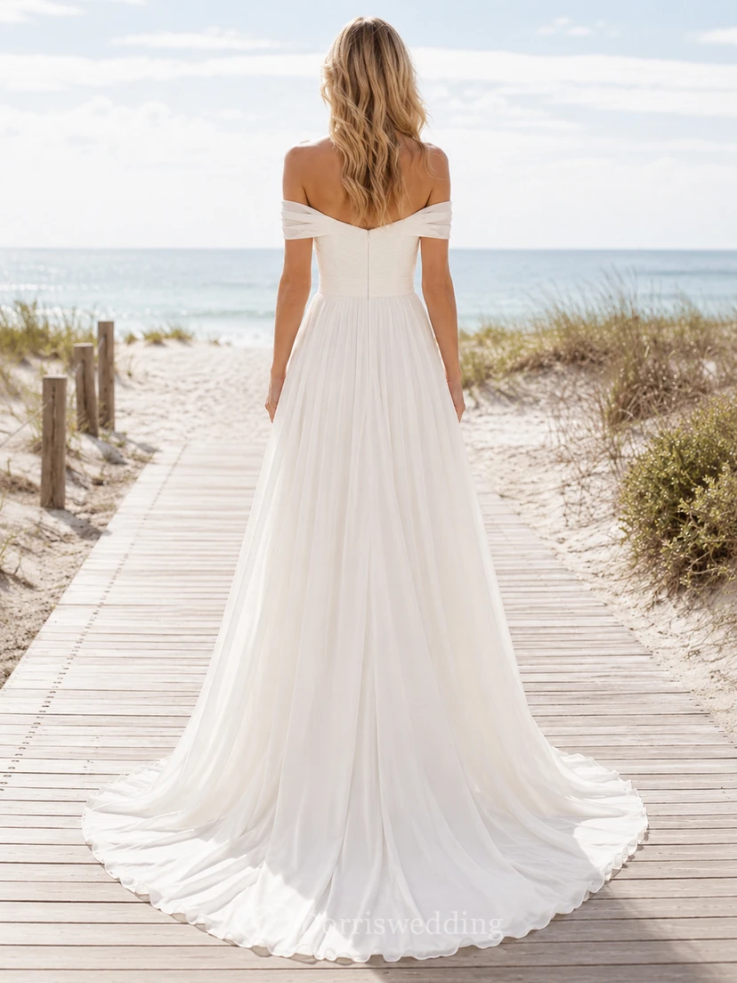 Robe de mariée de plage en mousseline de soie, coupe trapèze, bustier, longueur au sol view 2
