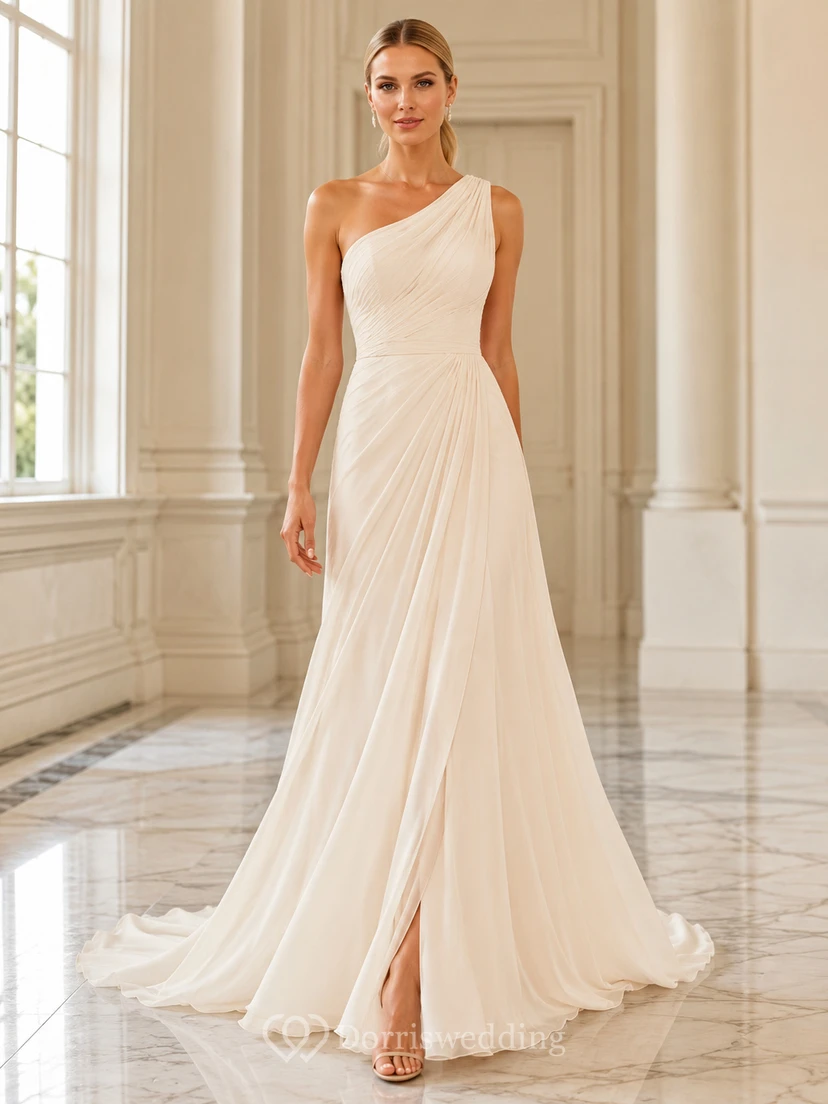 Robe de mariée moderne en mousseline de soie à une épaule, fendue sur le devant et avec traîne.