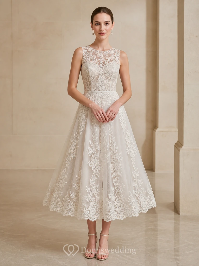 Vintage Teelänge A-Linien-Kleid mit hohem Kragen und Spitzenapplikationen für standesamtliche Hochzeiten