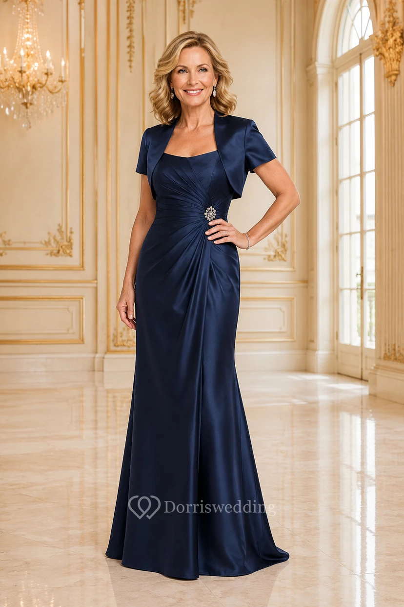 MOB Kleid Dunkelblaues Satin Meerjungfrauenkleid mit kurzen Ärmeln, eckigem Ausschnitt und bodenlang mit Bolero