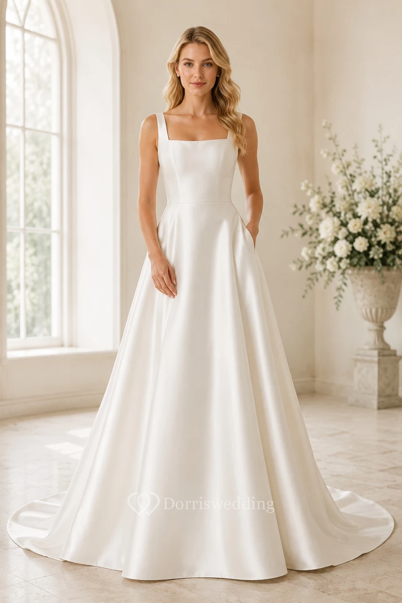 Satin-Brautkleid in A-Linie mit eckigem Ausschnitt und Taschen
