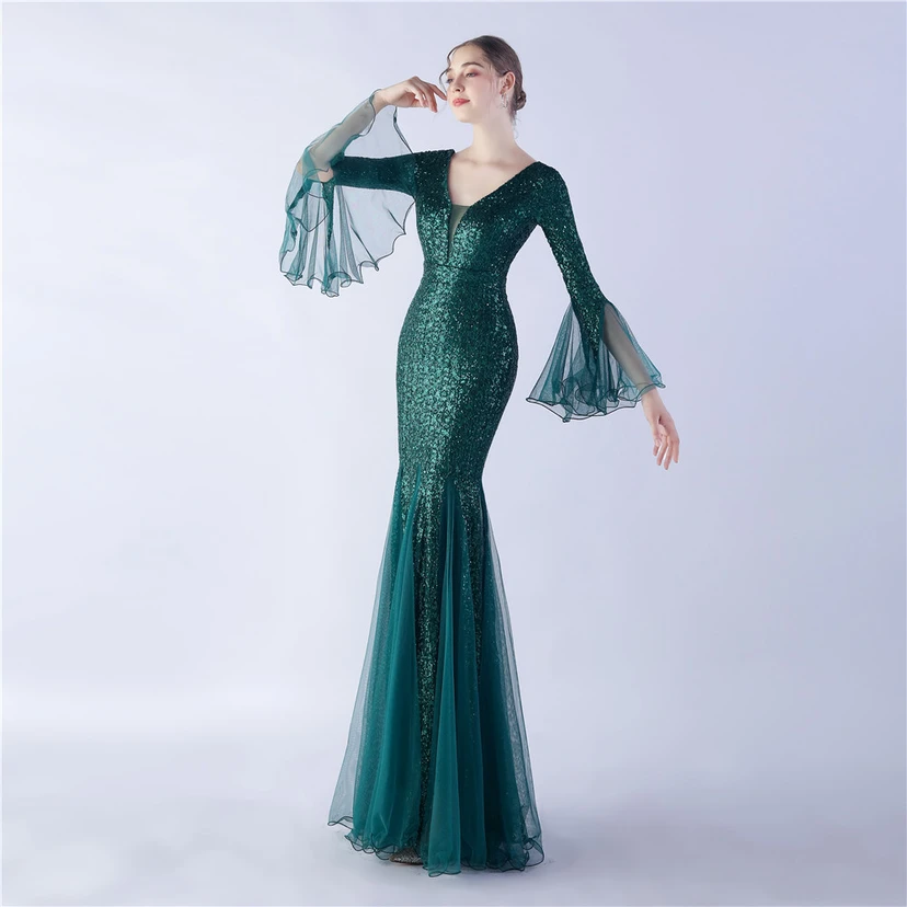 Vestido de noche con lentejuelas, bordado de malla encriptada, estilo artesanal de seda de pez y borde ondulado. view 58