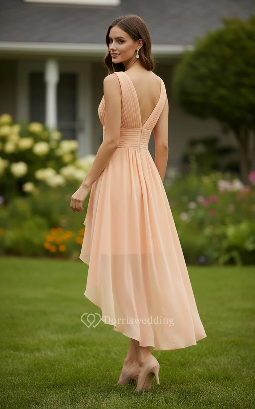 Peach Chiffon High-Low Bridesmaid Dress V-Neck Pleated Asymmetrical Cocktail Party Gown view 2