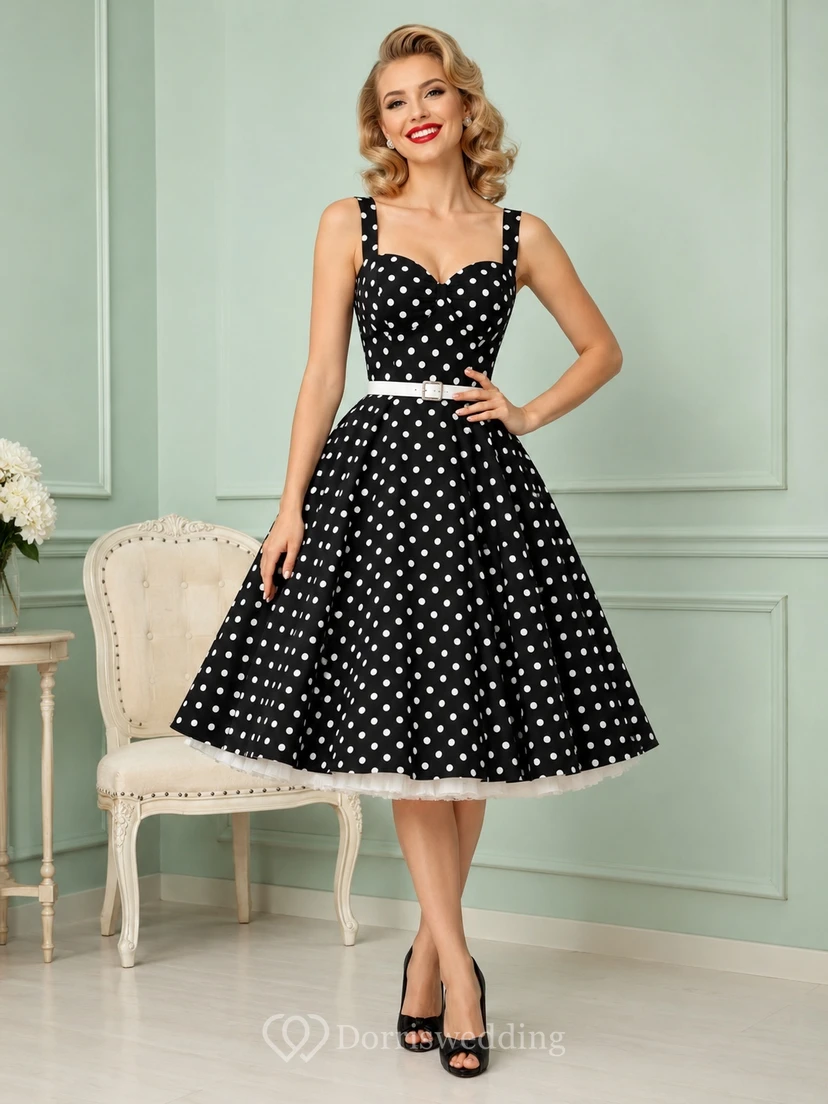 Schwarzes Vintage-Kleid aus Taft mit weißen Punkten, eckigem Ausschnitt und A-Linien-Schnitt, knielang
