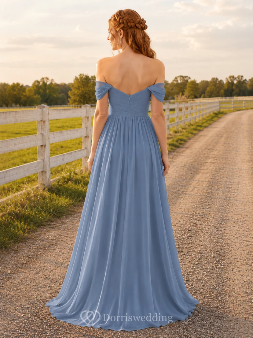 Stahlblaues Chiffon-Brautjungfernkleid in A-Linie, schulterfrei, herzförmiger Ausschnitt, kurze Ärmel, Falten, Reißverschluss hinten, bodenlang view 2