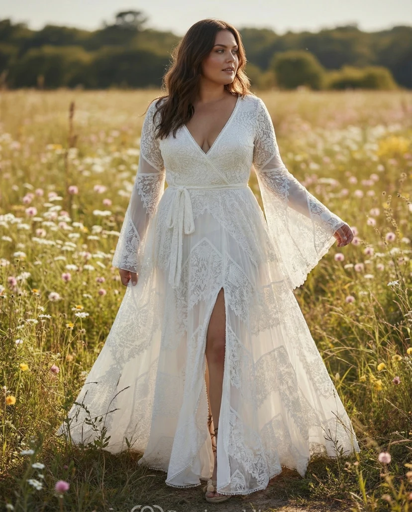 Weißes Boho-Maxi-Brautkleid aus Spitze mit langen Glockenärmeln und hohem Schlitz view 4