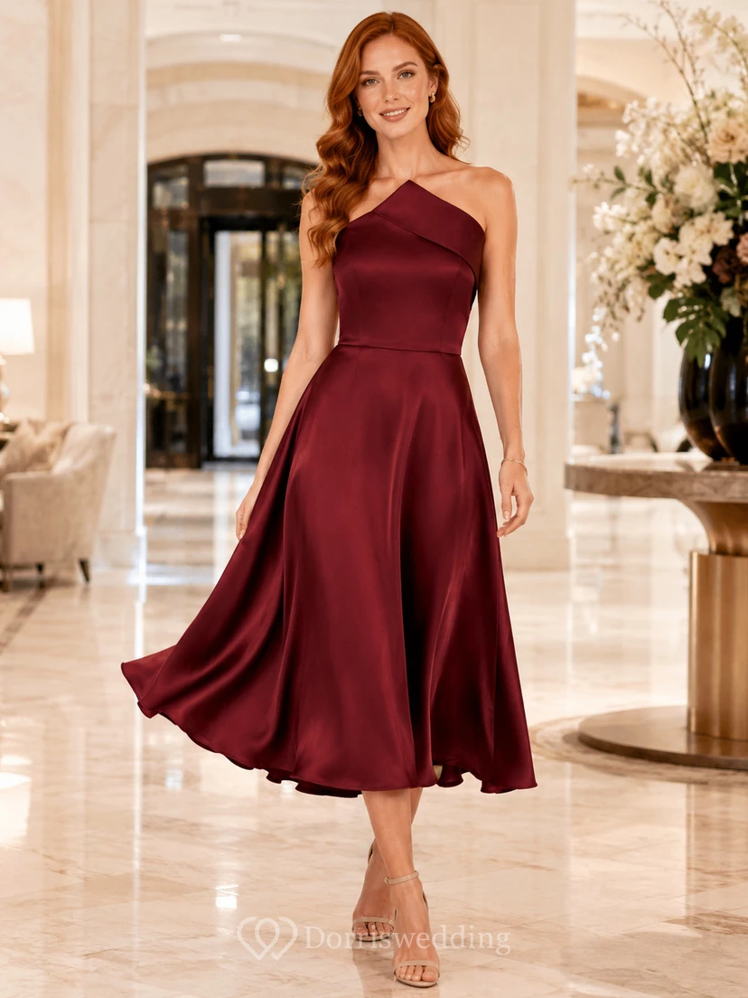 Claret One-Shoulder Satin A-Line Tea-Length Modern Wedding Guest Dress
