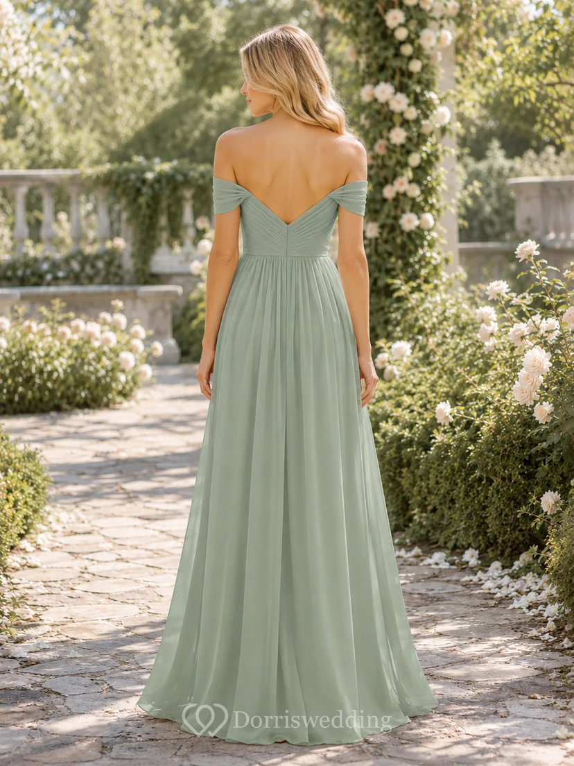 Sage off shoulder chiffon A-line floor length bridesmaid dress view 2