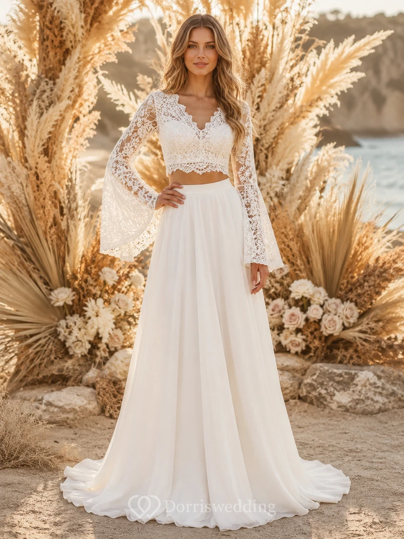 Conjunto nupcial bohemio de encaje con top corto y mangas acampanadas Pampas