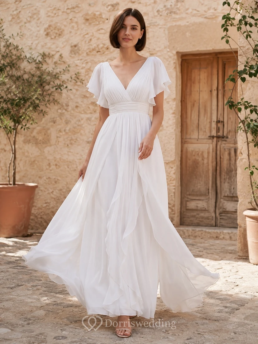 Bohemian Empire Flutter Sleeve V-Neck Chiffon A-Line Floor-Length Wedding Dress