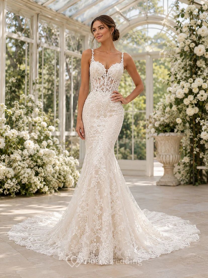 Robe de mariée sirène à bretelles spaghetti, dentelle botanique et effet illusion, boutons et traîne chapelle