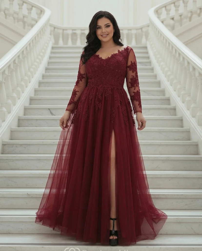 Schwarzes, langärmeliges Abendkleid aus Spitze und Tüll mit hohem Schlitz in A-Linie – formelles Ballkleid view 4