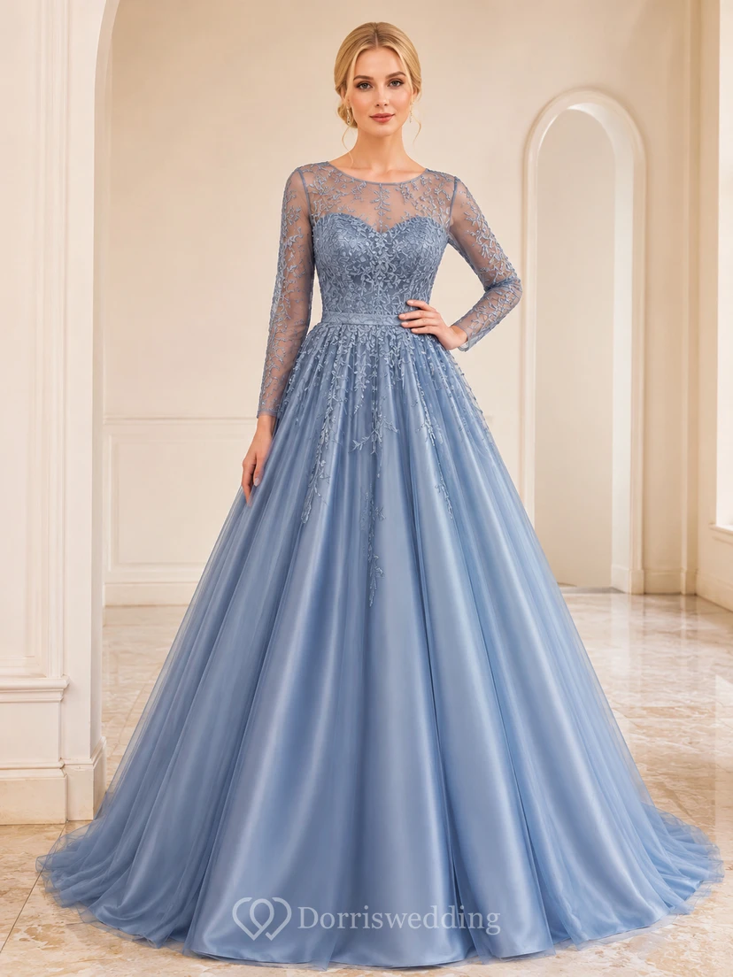 Regal Steel-Blue Bateau Illusion Long-Sleeve Lace Satin Ball-Gown Floor-Length Zipper Formal Evening Dress
