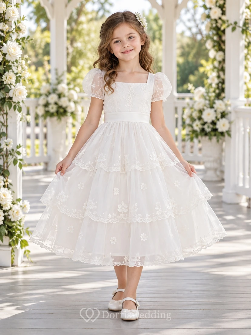Vestido de niña de flores blanco con escote cuadrado, estampado floral, corte en A, tul, mangas abullonadas y volantes, largo hasta la rodilla.
